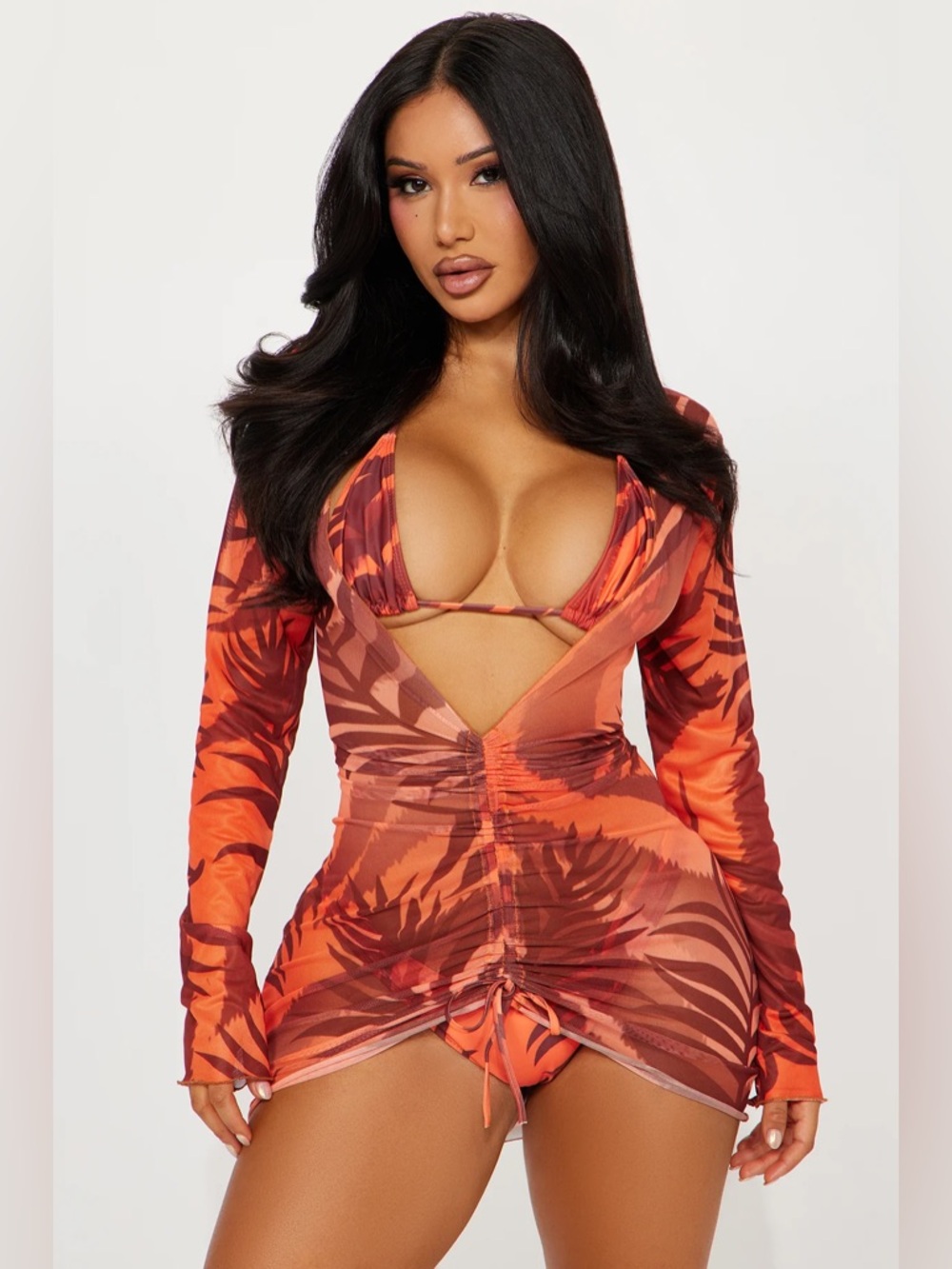 Orange Tropical Ruched Mesh Swim Cover-Up Dress